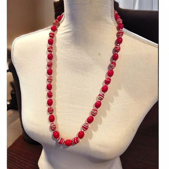 Artisan Hand Painted Necklace Textured Red Beads Cream Brushed Like 28" Vintage - Picture 1 of 6